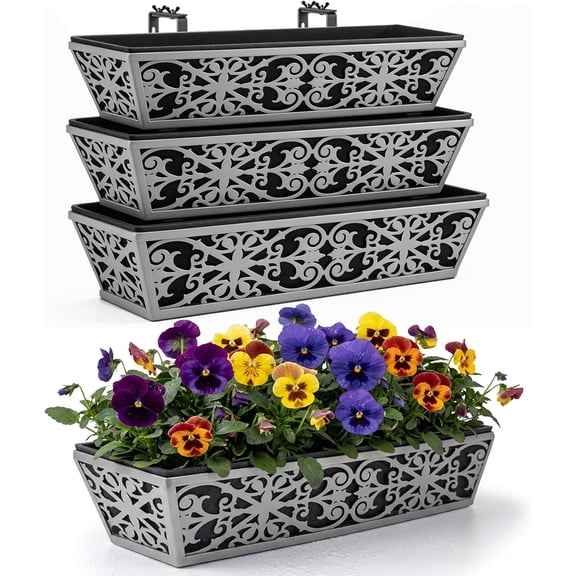 4 Pack 24 Inch Window Boxes Planter for Outdoor Plants Deck Railing Planters Box with Adjustable Brackets for Porch Fence Balcony Hanging Flower Baskets with Non-Woven Fabric Liner for Garden Decor
