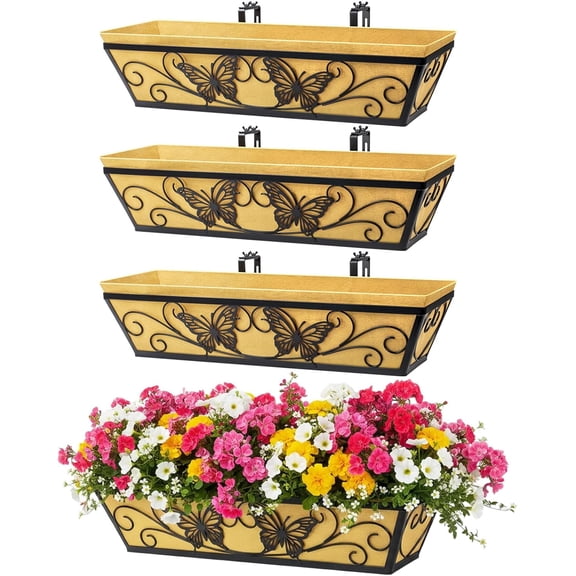 4 Pack 24 Inch Window Boxes Planter Railing Planters Box with Adjustable Brackets for Porch Deck Balcony Hanging Butterfly Decorative Flower Baskets & Non-Woven Fabric Liner for Outdoor Plants -Black