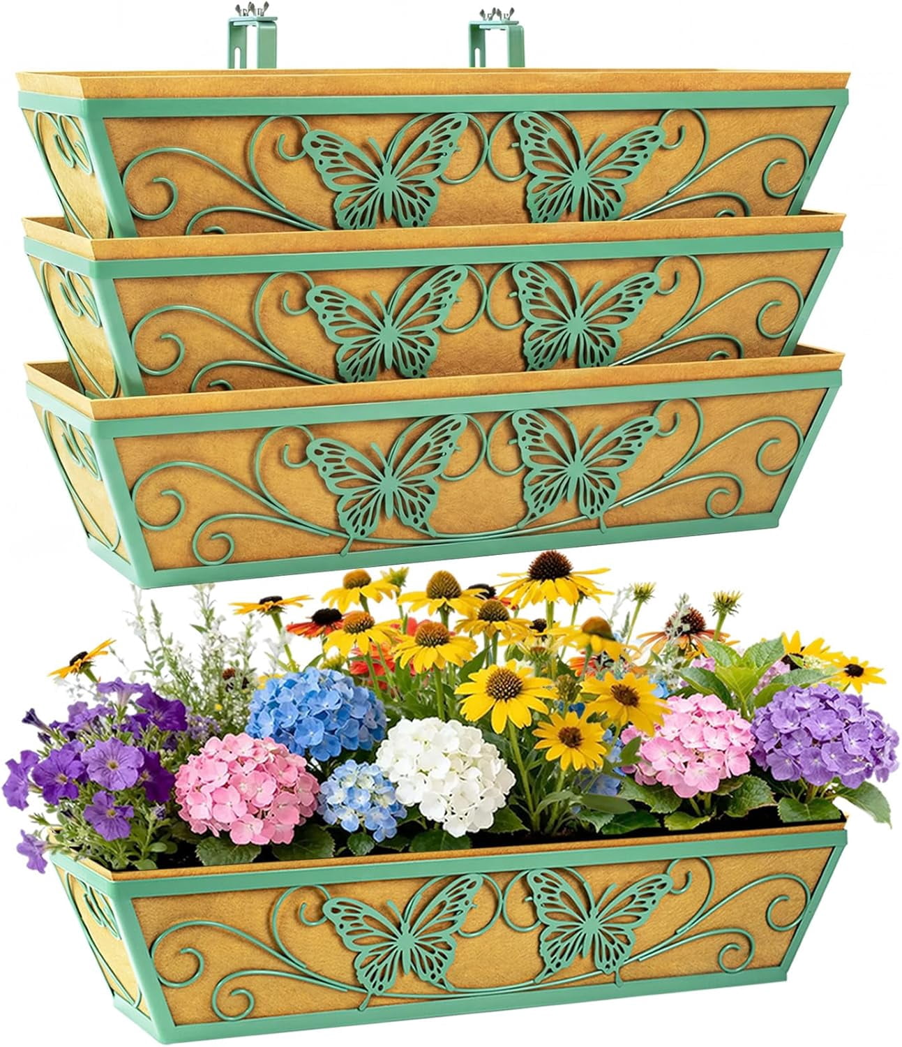 4 Pack 24 Inch Window Boxes Planter Railing Planters Box with Adjustable Brackets for Porch Deck Balcony Hanging Butterfly Decorative Flower Baskets & Non-Woven Fabric Liner for Outdoor Plants -Green