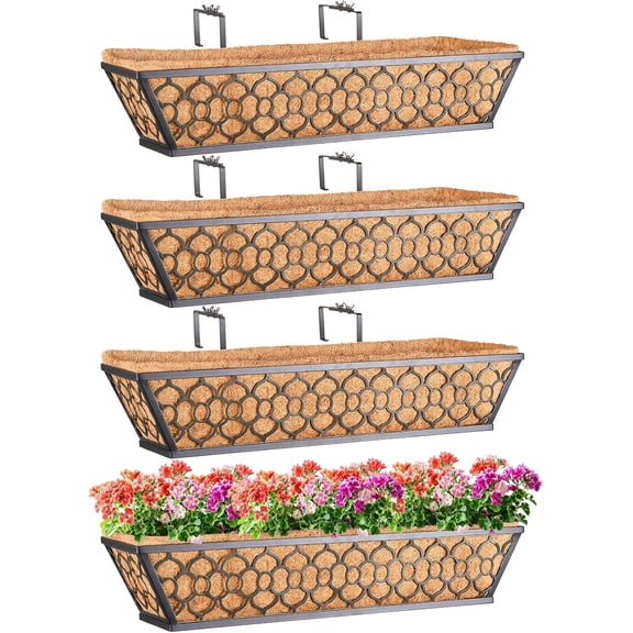 4 Pack 24 Inch Window Boxes Planters with Coco Liner, Metal Deck Railing Planter Boxes, Balcony Planters Railing Hanging, Horse Trough Window Flower Planter Boxes for Outdoor Porch Fence Patio