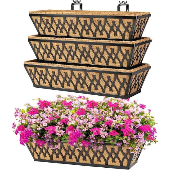 4 Pack 24 Inch Window Boxes Planters for Outdoor Plants Railing Planter Box with Adjustable Brackets Windowsill Porch Fence Patio Hanging Flower Coco Baskets Outside Decoration - Black