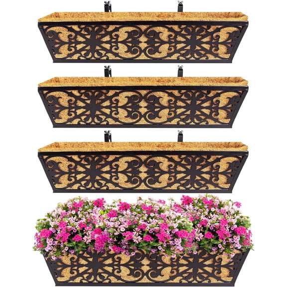 4 Pack 24 Inch Window Boxes Planters Railing Planter Box with Adjustable Brackets & Coco Liners Fabric Plant Grow Bags Deck Railing Planter Boxes Balcony Hanging Flower Box for Outdoor Plants