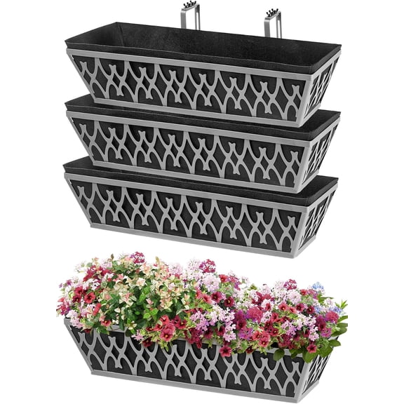 4 Pack 24 Inch Window Boxes Planters Railing Planter Box with Adjustable Brackets & Non-Woven Fabric Plant Grow Bags Deck Railing Planter Boxes Balcony Hanging Flower Box for Outdoor Plants