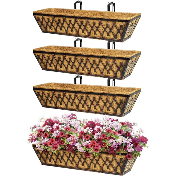 4 Pack 24 Inch Window Boxes Planters Railing Planter Box with Adjustable Brackets for Porch Fence Patio Balcony Hanging Flower Baskets with Coco Liners for Outdoor Garden Decor - Bronze