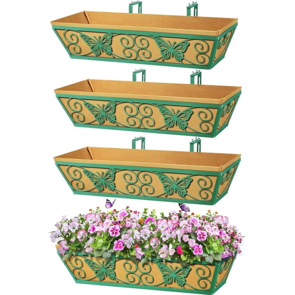4 Pack 24 Inch Window Boxes Planters Railing Planter Box with Adjustable Brackets for Porch Fence Patio Balcony Hanging Flower Baskets with Woven Fabric for Outdoor Garden Decor - Green