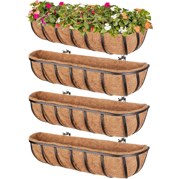 4 Pack 24 Inch Window Boxes Railing Planter Box with Coconut Liner, Balcony Railing Planter Horse Trough Deck Window Planters, Metal Railing Hanging Flower Baskets for Outdoor Porch Fence Patio
