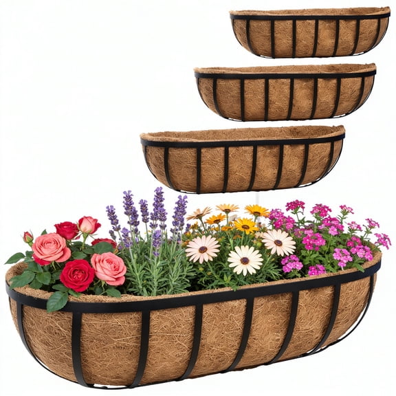 4-Pack 24" Railing Planters, Bulk Recycled Metal Window Boxes with Liners, Rail Garden Solution