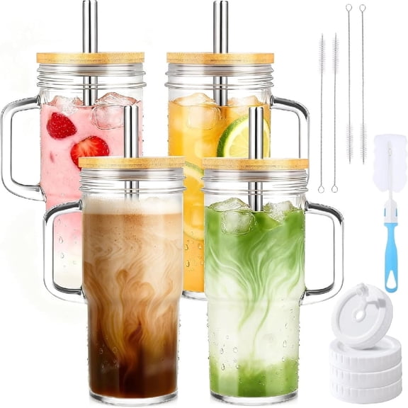 4 Pack 24oz Glass Cups with Lids and Straws, Glass Tumbler With Handle, Reusable Iced Coffee Cup with Lids-Mason Jar with Lid and Straw,Boba Cup for Cold & Hot Drinks,Smoothies Cup,Travel Mug