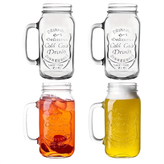 4-Pack 24oz Mason Jar Drinking Glasses with Handles, Large Glass Cups for Party Beverages, Iced Coffee, Juice and Dishwasher Safe Use