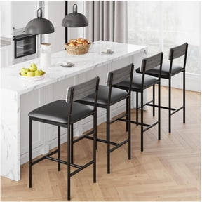 4-Pack 25.5" Upholstered Bar Stools with Back & Footrest, Counter Height Kitchen Island Chairs, Rustic Gray Faux Leather Barstools, 300 lbs Capacity, Easy Assembly