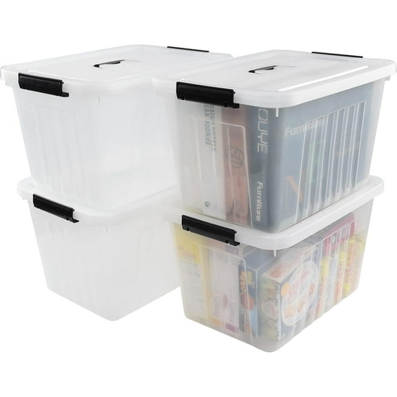4-Pack 25 Quart Storage Boxes, Plastic Storage Latch Bin with Handle, Clear