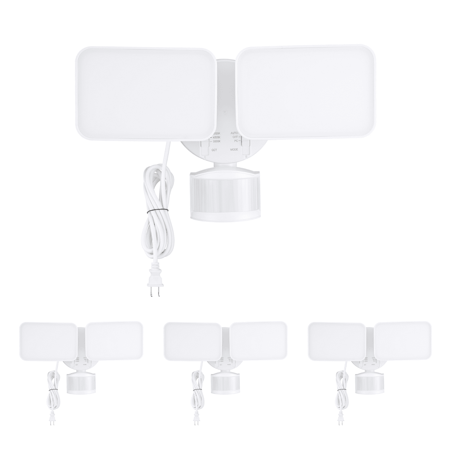 4 Pack 25W 3CCT Dual Head Plug-in LED Security Light, Motion Sensor & Dusk to Dawn Floodlight, 3 Lighting Modes, 3000K/4000K/5000K Selectable, ETL&FCC Listed, White