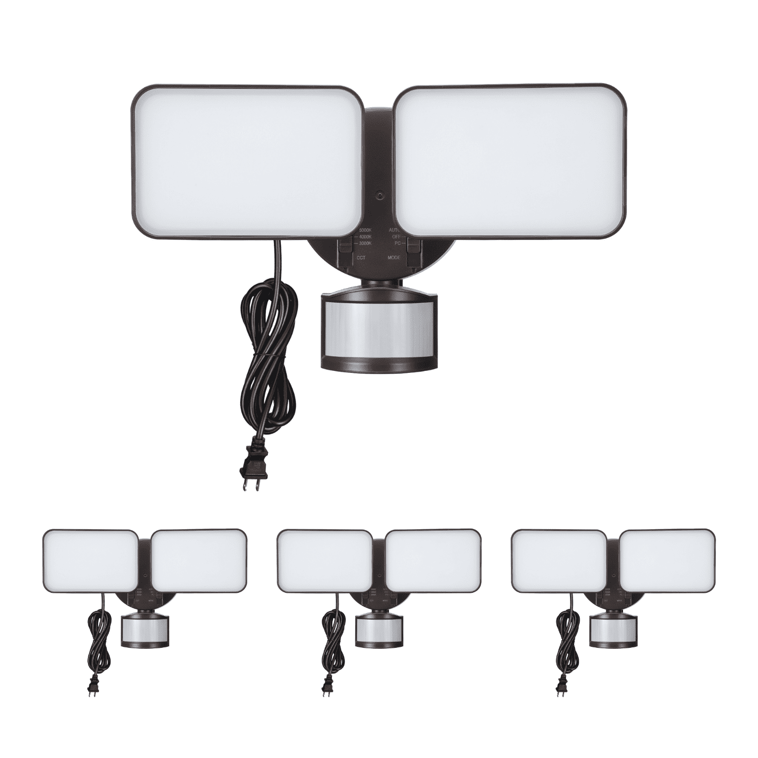 4 Pack 25W 3CCT Dual Head Plug-in LED Security Light, Motion Sensor & Dusk to Dawn Floodlight, 3 Lighting Modes, 3000K/4000K/5000K Selectable, ETL&FCC Listed, Bronze