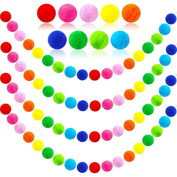 4 Pack 26.3 Feet Colorful Pom Pom Garland Decorations, 30 Balls Rainbow Felt Ball Garland Hanging Supplies for Wall Christmas Tree Classroom Birthday Party Home Decor