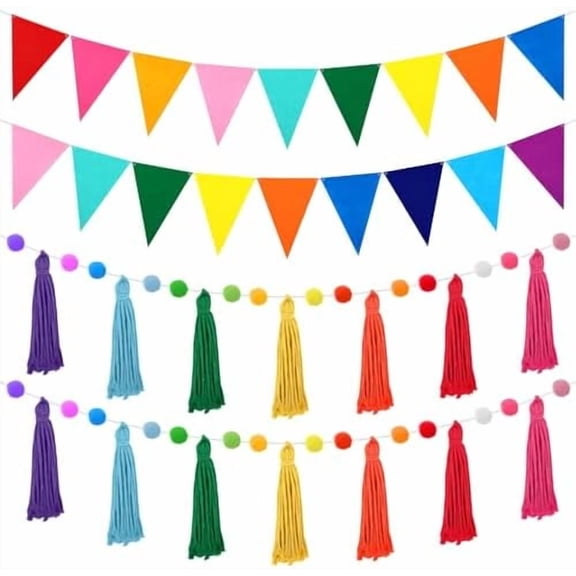 4 Pack 26.3 Feet Rainbow Tassel Pom Pom Garland Decorations Felt Bunting Garland Banner Hanging Supplies for Back to School Decor Nursery Wall School Classroom  Birthday Party
