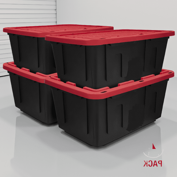 4-Pack 27-Gallon Storage Bins with Snap Lids, Stackable Heavy-Duty Plastic Containers, Black and Red, 30.6 x 20.6 x 14.3 in