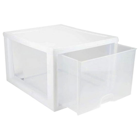 4-Pack 27 Quart Stacking Drawer, Clear Storage Closet Organizer, White Frame - Stackable Modular Plastic Drawers for Clothes, Accessories, Supplies, Shoes or Linens