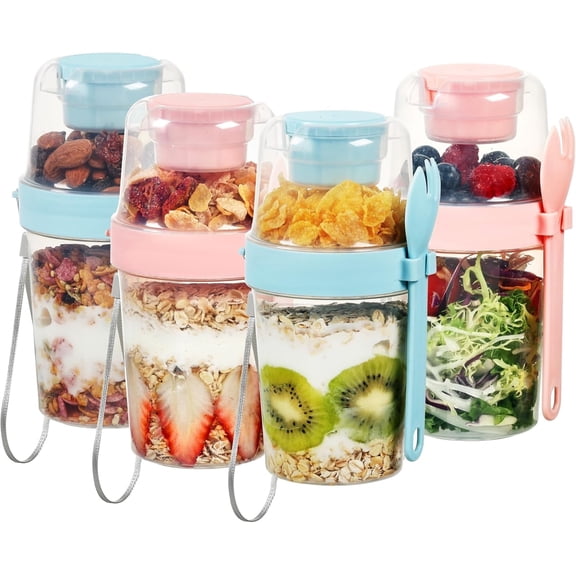 4 Pack 27oz Yogurt Parfait Cups with Lids and Spoons, Overnight Oats Containers, Reusable Topping Compartment for Breakfast with Yogurt, Cereal or Oatmeal On-the-Go