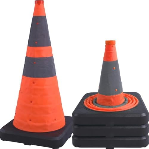 4 Pack 28" Collapsible Traffic Cone - Foldable Safety Cone with Heavy-Duty Base & Reflective Oxford Fabric, Waterproof UV-Resistant for Road Work, Events, Parking Lots & Garage Use