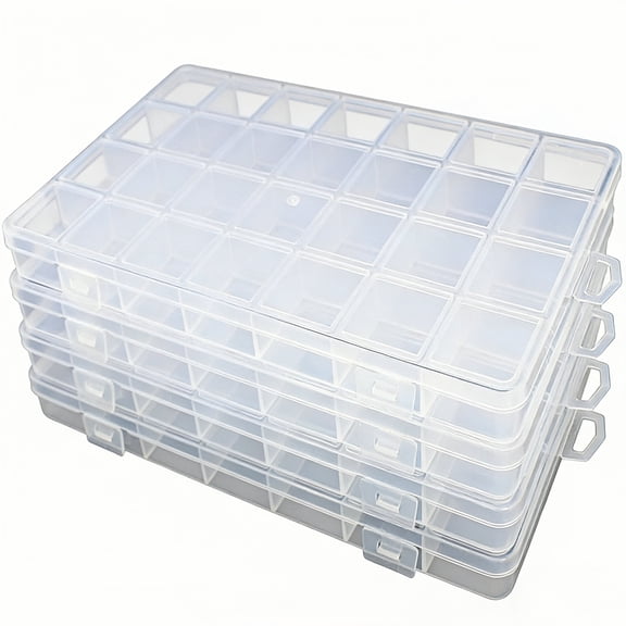 4 Pack 28-Grid Bead Organizer Box, Fixed Dividers, Clear Plastic, Buckle Lock for Jewelry