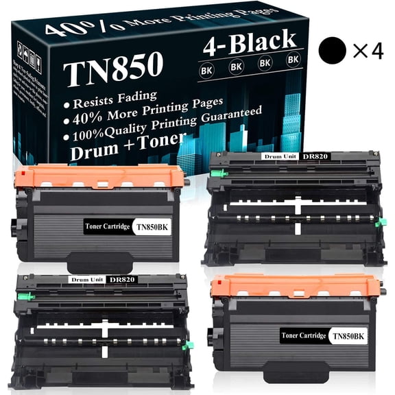 4 Pack (2Drum+2BK) DR820 Drum Unit TN850 Toner Cartridge Replacement for Brother DCP-L5500DN L5600DN L6700DW L6750DW L5700DW L5900DW L6800DW L6200DW L6250DW L5000D L5200DW Printer