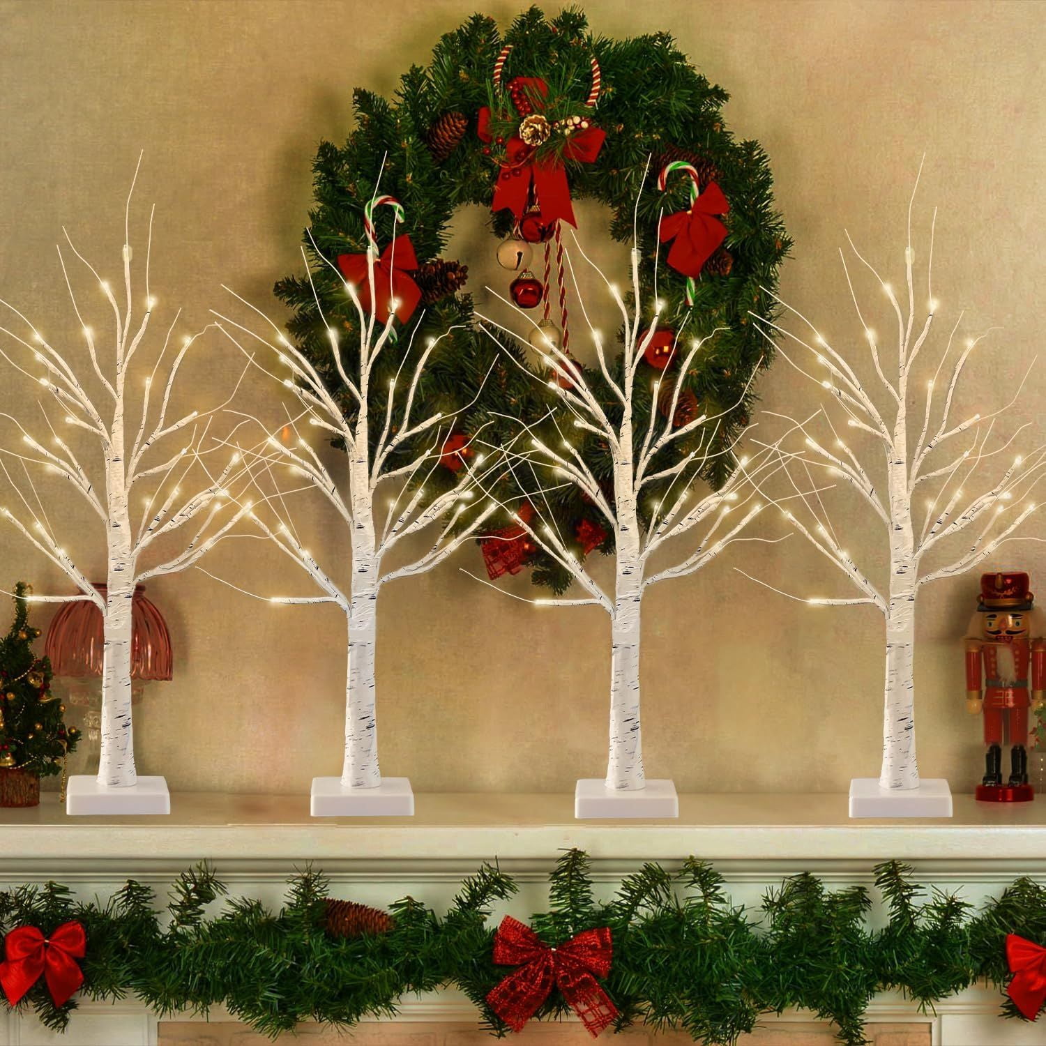 4-Pack 2FT Lighted Birch Tree with Timer for Christmas Decorations Indoor, Artificial Birch Tree with 48 LED Warm White Lights, Fairy Light Tabletop Centerpiece Tree for Christmas Winter
