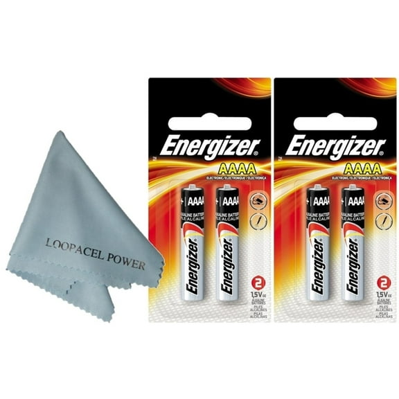 4 Pack 2x2 Energizer AAAA Alkaline Batteries - with Loopacell Brand Microfiber Cleaning Cloths Ultra Smooth