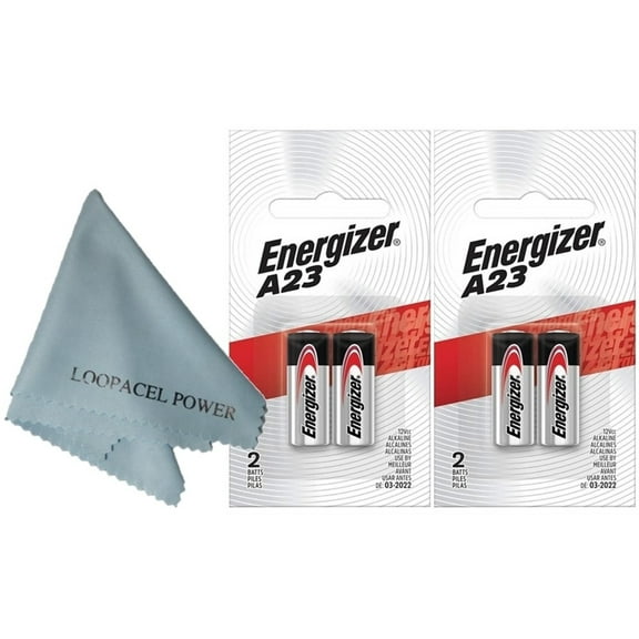 4 Pack 2x2 Energizer Alkaline Batteries A23 - with Loopacell Brand Microfiber Cleaning Cloths Ultra Smooth
