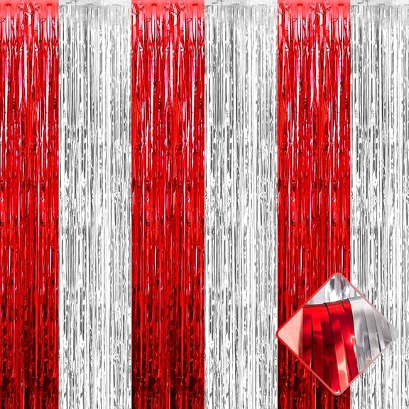 4 Pack 3.2Ft x 9.8Ft Silver Red Foil Fringe Curtain Backdrop, Metallic Tinsel Foil Fringe Streamers Curtains Background for Photo Booth, Wedding, Circus Welcome Carnival Birthday Party Decoration 4