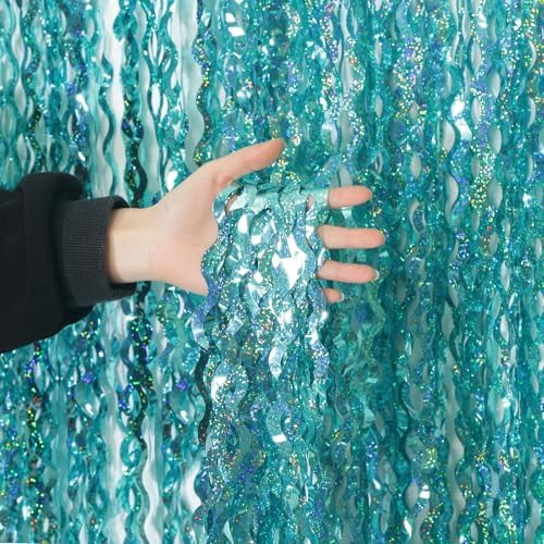 4 Pack 3.3 ft x 6.6 ft Wavy Sparkle Aqua Teal Blue Foil Curtain - Water Blue Foil Streamers for Holiday Bachelorette Ocean Themed Decor Winter Party Decorations Supplies