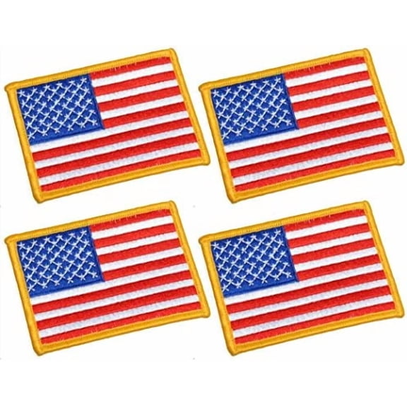 4 Pack, 3.5 X 2.5. Inch Large Size American US Flag Embroidered Cloth Sew on Iron on Patch Golden Yellow Border.