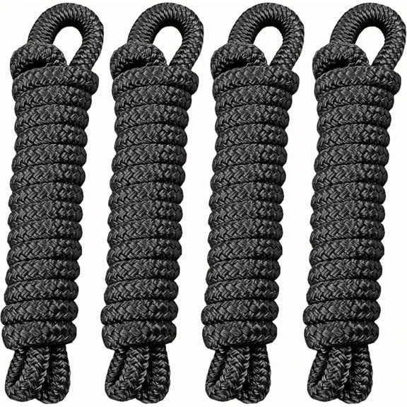 4 Pack 3/8 Inch x 10 ft Boat Fender Lines - Marine Grade Nylon Boat Rope with 5" Loop for Tying Fenders and Docking - Double Braided Dock Lines, Easy Handling, Fray Resistant, Black