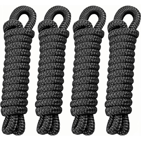 4 Pack 3/8" x 6' Boat Fender Lines - Marine Grade Nylon Boat Rope with 5" Loop for Tying Fenders and Docking Small Boats - Double Braided Dock Lines, Easy Handling, Fray Resistant - Black