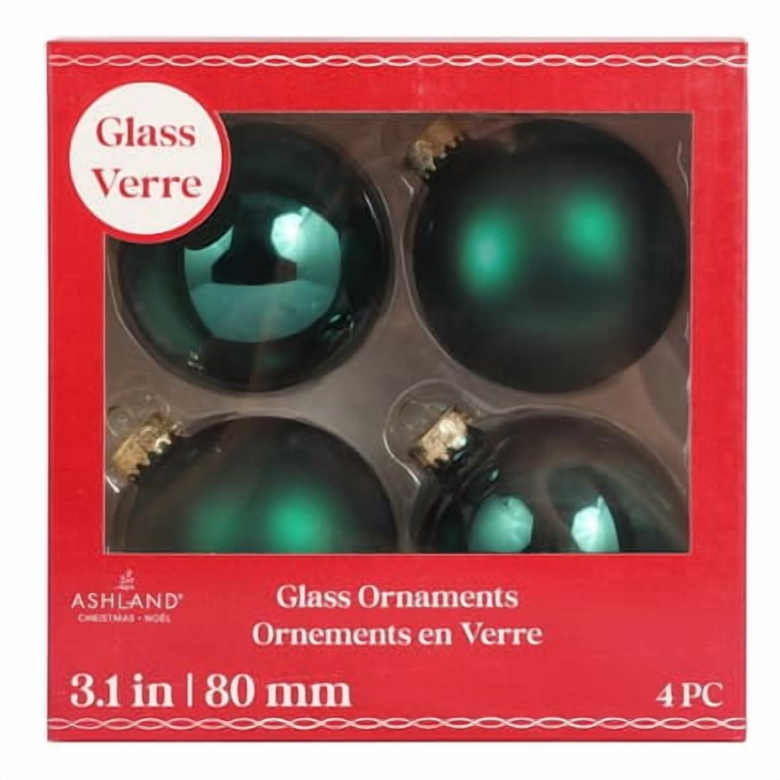 4 Pack 3" Dark Green Matte & Shiny Glass Ball Ornaments by Ashland - Holiday and Christmas Ornaments