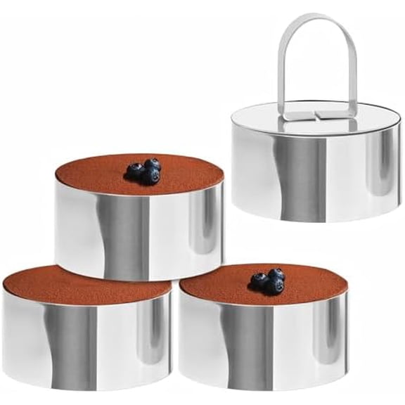 4-Pack 3 Inch Stainless Steel Baking Ring Molds with Pusher - Professional Food Ring Mold for Cooking & Baking, Easy Release Crumpet Rings, Dishwasher Safe & Leak-Proof Silver Kitchen Tools
