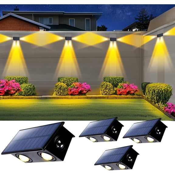 4 Pack 3-Side Solar Fence Lights Outdoor  with Warm White LED Spot Lens, for Wall, Deck, Patio, Yard, Rail, Garage, Pool, Designed for  , Easy Install