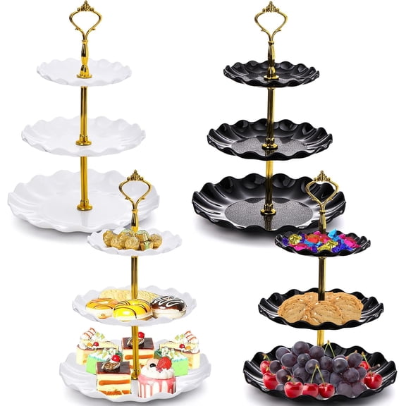4 Pack 3 Tier Cupcake Dessert Stand, Plastic Tiered Cake Stand Display Tower, Pastry Serving Tray Platter Rack Holder for Buffet, Cookie, Party, Wedding,  Decor, White , Black