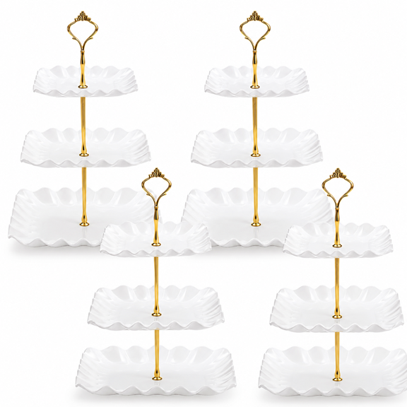 4 Pack 3 Tier Plastic Cupcake Stand, White Square Dessert Tiered Serving Stand, Cake Pastry Display Tower Tray Platter Holder for Buffet, Cookie, Fruit, Table Decor, Party, Wedding, Birthday