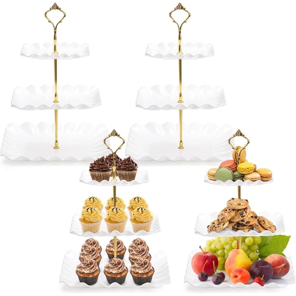 4 Pack 3 Tier Plastic Cupcake Stand, White Square Dessert Tiered Serving Stand, Cake Pastry Display Tower Tray Platter Holder for Buffet, Cookie, Fruit, Table Decor, Party, Wedding, Birthday