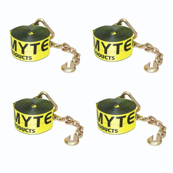 (4 Pack) 3"X30' Winch Straps w/chain, WLL 5000 Flatbed Tie Down Strap