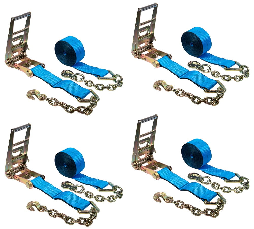 4 Pack 3" x 30' Ratchet Strap with Chain Anchor - 5000 Lbs WLL Heavy Duty Tie Down Cargo Truck Straps with Chains Ends & Grab Hooks for Flatbed, Truck, Trailers, Pickup - Blue