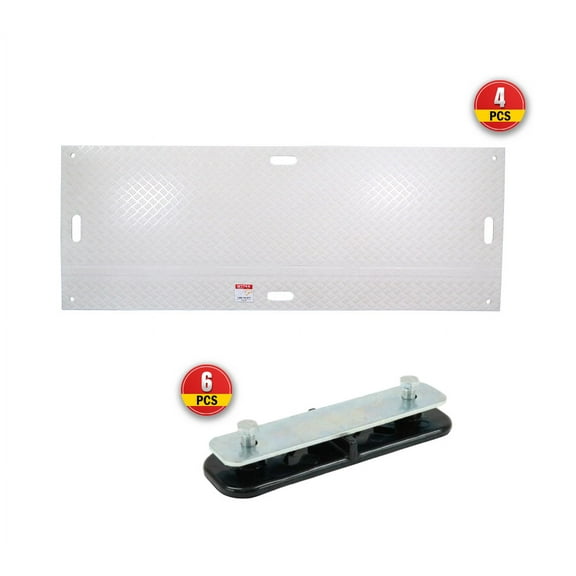 4 Pack 3' x 8' White Ground Protection Mats with Diamond Plated Tread Design & 6 Pcs Single Connectors - Polyethylene Mat, Easily Supports 60 Ton Loads on Lawns, Dirt, & Other Areas