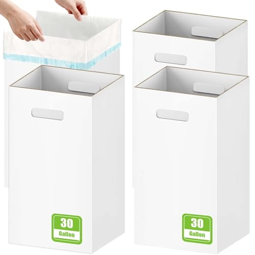 4 Pack 30 Gallon Extra Strong Corrugated Cardboard Disposable Trash Cans for Parties & Events  Heavy Duty Reusable Portable Garbage Cans, Recycling Trash Bins, (White, 30" H x 14" W x 14" D)