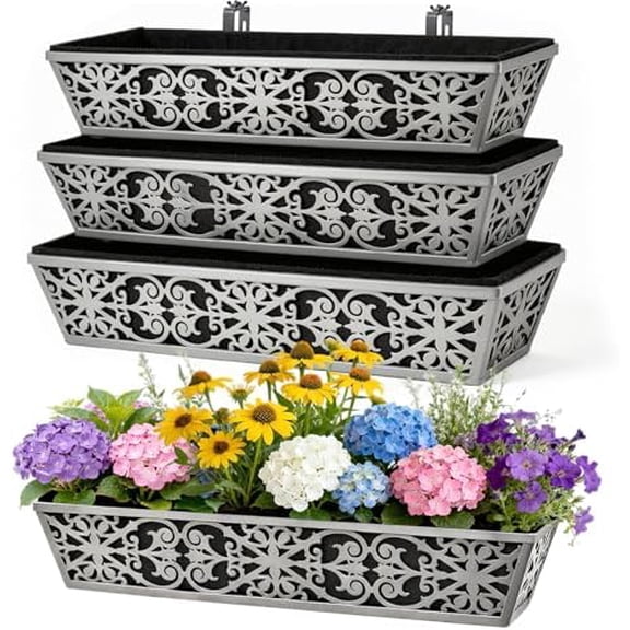 4 Pack 30 Inch Window Boxes Planter for Outdoor Plants Deck Railing Planters Box with Adjustable Brackets for Porch Fence Balcony Hanging Flower Baskets with Non-Woven Fabric Liner for Garden Décor