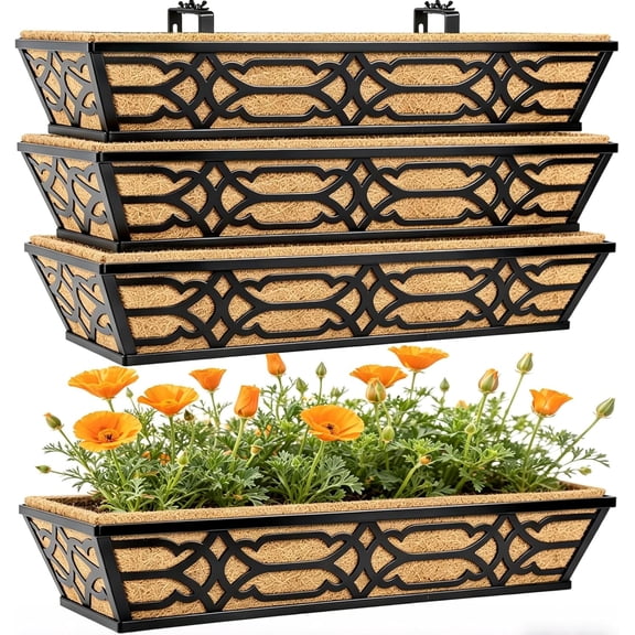 4 Pack 30 Inch Window Boxes Planters with Coco Liner, Large Metal Railing Planter for Deck, Heavy Duty Hanging Trough Fence and Front Porch Garden Flower Display