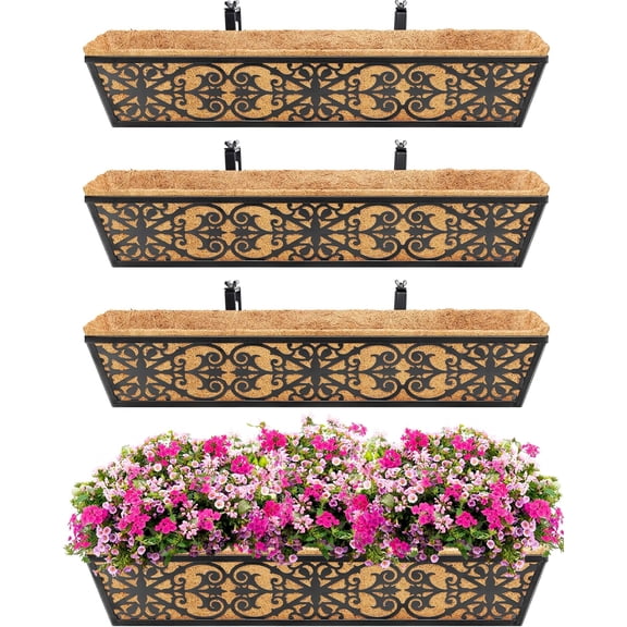 4 Pack 30 Inch Window Boxes Planters Railing Planter Box with Adjustable Brackets & Coco Liners Fabric Plant Grow Bags Deck Railing Planter Boxes Balcony Hanging Flower Box for Outdoor Plants