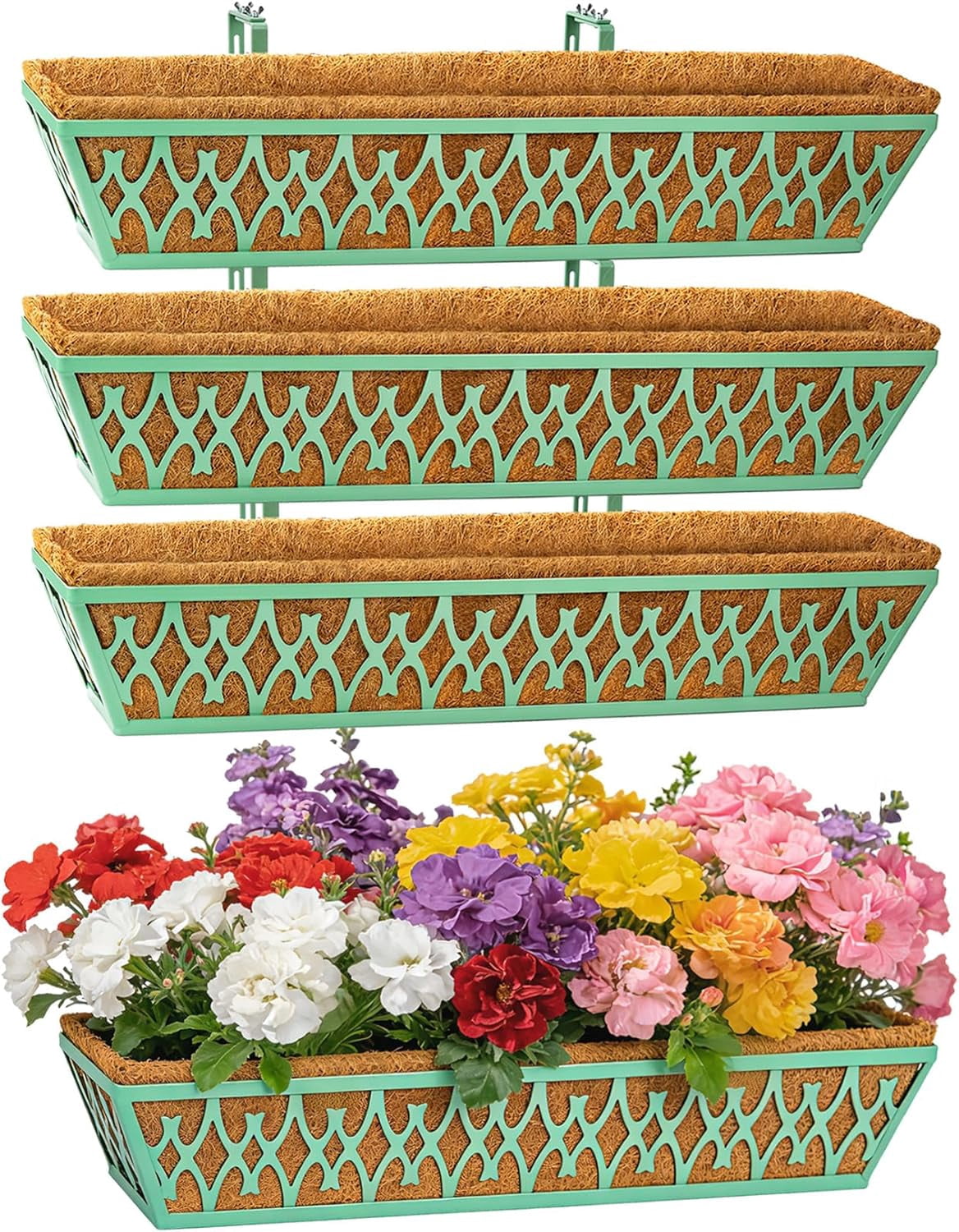 4 Pack 30 Inch Window Boxes Planters Railing Planter Box with Adjustable Brackets for Porch Fence Patio Balcony Hanging Flower Baskets with Coco Liners for Outdoor Garden Decor - Green