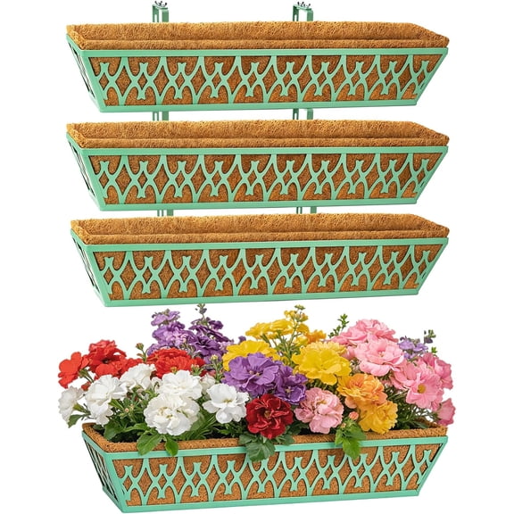 4 Pack 30 Inch Window Boxes Planters Railing Planter Box with Adjustable Brackets for Porch Fence Patio Balcony Hanging Flower Baskets with Coco Liners for Outdoor Garden Decor - Green