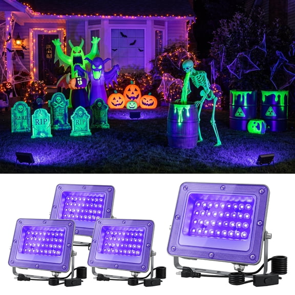 Yinghao 4 pack 30W Blacklight Aluminum Flood Lights with 4.7ft Cord for Halloween Decoration IP65 395nm UV Lamp Decor for Spider Web, Ghost, Tombstone
