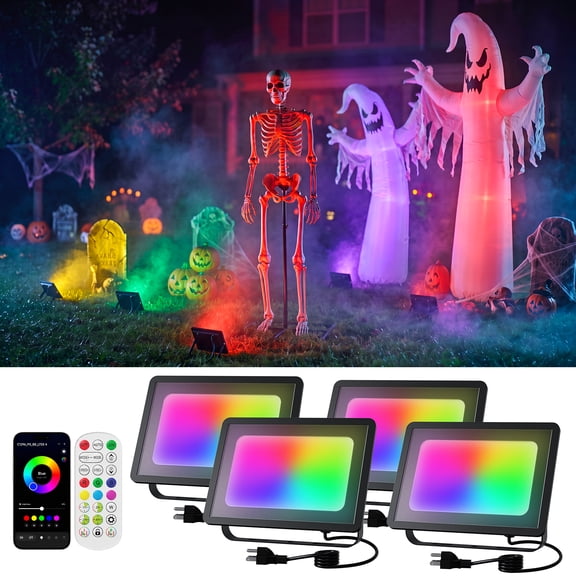 Yinghao 4 pack 30W Smart RGBW Flood Lights by App Control for Halloween Decor, 120V Floodlight with Group Sync, Timer, Memory Function, for Skeletons